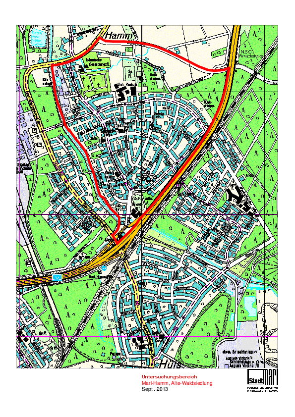 Stadtplan mit Umriss des Quartiers "Alte Waldsiedlung" / Porträt von Prof. Dr. Michael Nadler